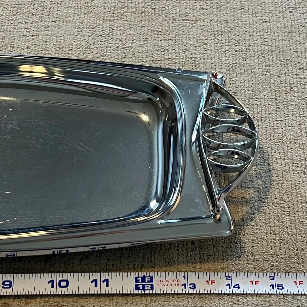 Vintage Art Deco Silver Tone Serving Tray Rectangular Chrome Plated Platter 14
